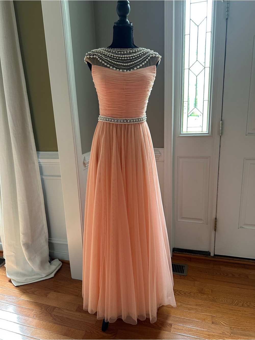 Pearl-Trim Peach Evening Gown 
Sherri Hill
